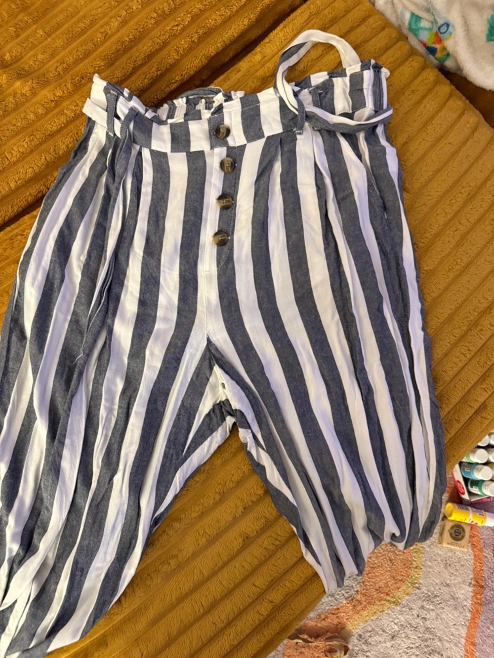 Striped Navy and White American Eagle Paperbag Waist Pants